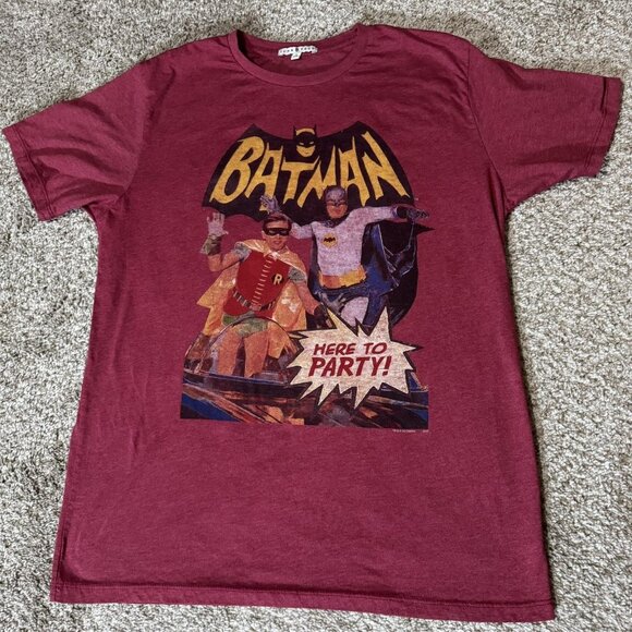 Batman Shirt Mens Large Maroon Here To Party DC Comics Tee Junk Food Made USA - Picture 1 of 7
